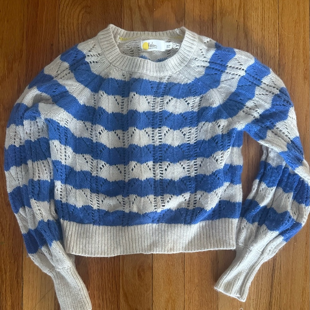 Boden Blue and White Cable-Knit Sweater